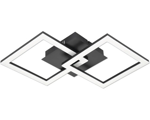 Moderné stropné LED svietidlo pozostávajúce z dvoch do seba zapadajúcich štvorcových rámov v čiernej a bielej farbe.
