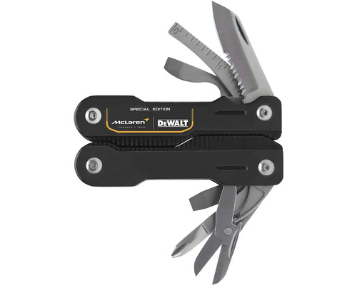 Multitool špeciálna edícia s vyklápacím nožom, nožnicami, pravítkom a skrutkovačom. McLaren Logo a DeWalt Logo.
