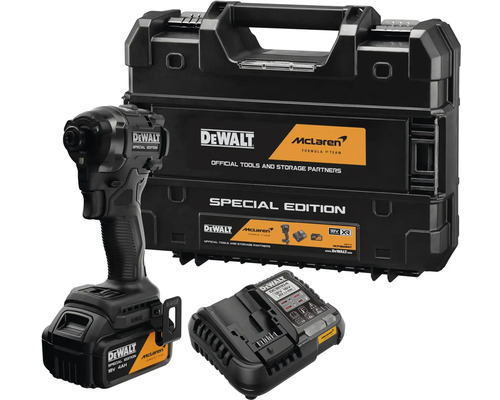 Súprava akumulátorového rázového uťahováka DeWalt McLaren Special Edition s 18 voltovou 4 ampérhodinovou batériou, nabíjačkou a čiernym kufrom.