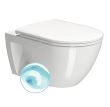 Závesné WC z keramiky s WC sedadlom a symbolom pre efektívnu technológiu splachovania.