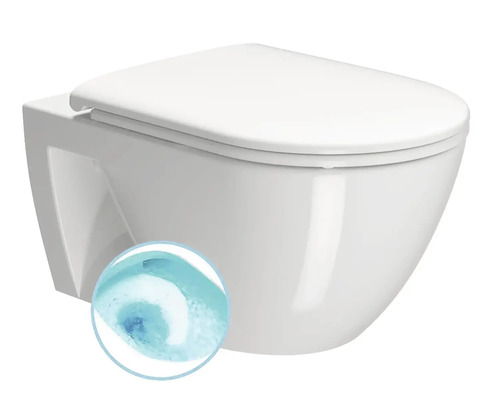 Závesné WC z keramiky s WC sedadlom a symbolom pre efektívnu technológiu splachovania.