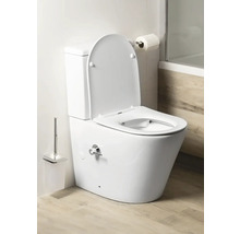 Stojaca toaleta so splachovacou nádržkou, otvoreným vekom a bočnou batériou v jasnej kúpeľni s podlahou v dekore dreva.