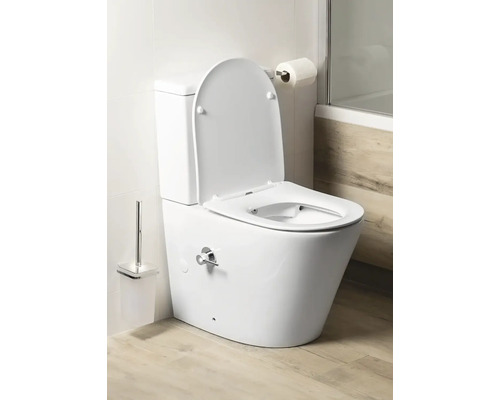 Stojaca toaleta so splachovacou nádržkou, otvoreným vekom a bočnou batériou v jasnej kúpeľni s podlahou v dekore dreva.