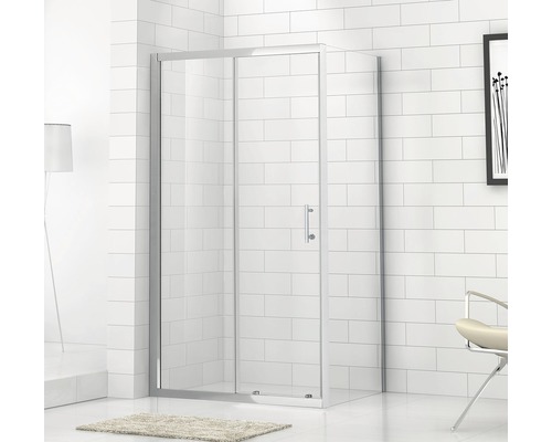 Rohová sprcha s posuvnými sklenenými dverami a kovovým rámom vo svetlej kúpeľni.