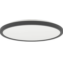 Okrúhle, ploché stropné LED svietidlo s čiernym rámom a bielym difúzorom.