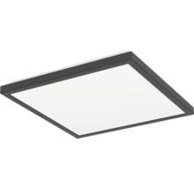 Štvorcový LED panel s čiernym rámom a bielou svetelnou plochou na montáž na strop.