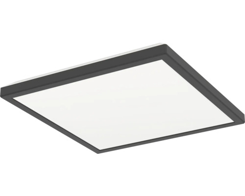 Štvorcový LED panel s čiernym rámom a bielou svetelnou plochou na montáž na strop.
