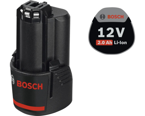 Čierny lítium-iónový akumulátor Bosch 12 Volt 2,0 ampérhodiny, Bosch Logo.