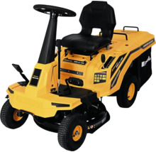 Žltý záhradný traktor Riwall RMR 61 CRD s volantom, čiernym sedadlom a zberným košom na trávu.