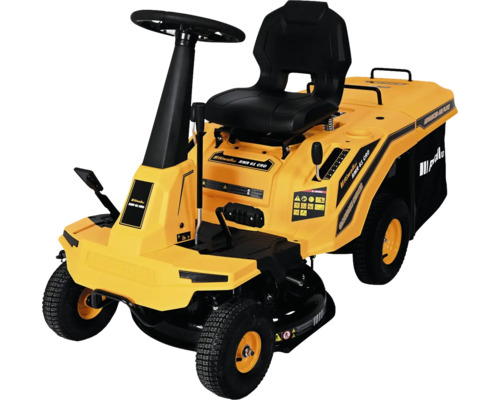 Žltý záhradný traktor Riwall RMR 61 CRD s volantom, čiernym sedadlom a zberným košom na trávu.