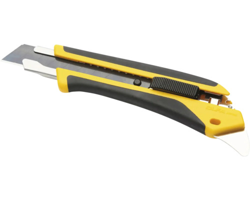 Odlamovací nôž Olfa v žlto-čiernom prevedení s ergonomickou rukoväťou.