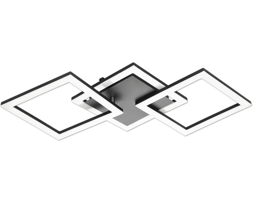 Moderné LED stropné svietidlo s tromi štvorcovými svetelnými prvkami z čierneho kovu.