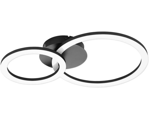 Moderné LED stropné svietidlo s dvoma prepletenými kruhmi v čiernej a bielej farbe.