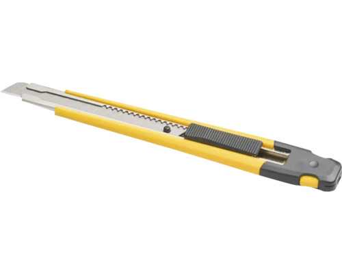 Žltý odlamovací nôž s odlamovacou čepeľou, plastovou rukoväťou a kovovým vedením.