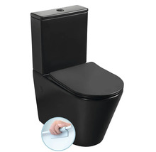 Stojace WC v čiernej matnej farbe so splachovacou nádržkou a sedadlom a detail vnútornej časti bez splachovacieho okraja pre jednoduché čistenie.