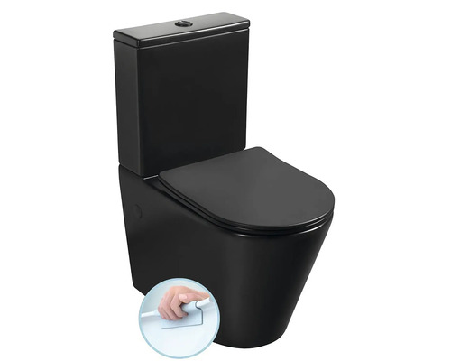 Stojace WC v čiernej matnej farbe so splachovacou nádržkou a sedadlom a detail vnútornej časti bez splachovacieho okraja pre jednoduché čistenie.