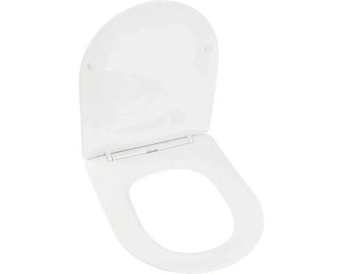 Biele toaletné sedadlo s otvoreným poklopom v oválnom tvare.
