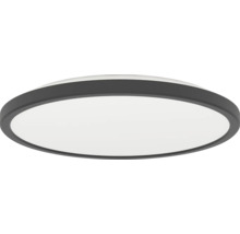 Ploché okrúhle stropné LED svietidlo s čiernym rámom a bielym plastovým krytom.