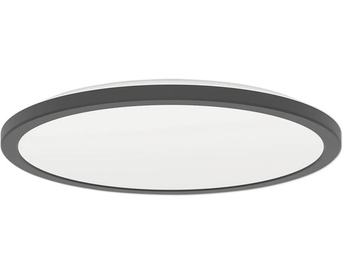 Okrúhle, ploché stropné LED svietidlo s čiernym rámom.