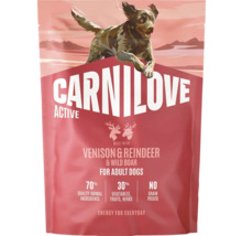 Carnilove Active krmivo pre dospelé psy s jelením, sobím a diviačím mäsom, 70 percent živočíšnych zložiek, bez obilnín a zemiakov.