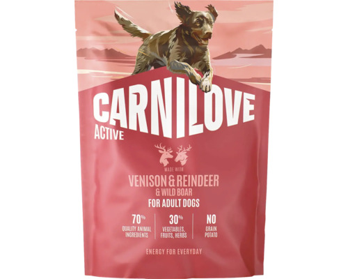 Carnilove Active krmivo pre dospelé psy s jelením, sobím a diviačím mäsom, 70 percent živočíšnych zložiek, bez obilnín a zemiakov.
