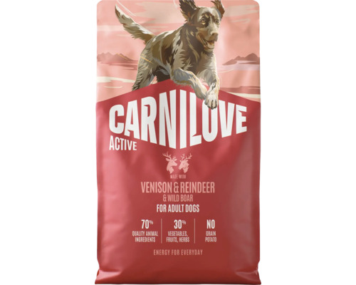 Carnilove Active krmivo pre dospelé psy s divinou, sobom a diviakom. 70 percent živočíšnych zložiek, 30 percent zeleniny a ovocia.