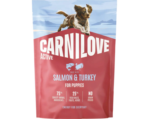 Krmivo pre šteniatka Carnilove Active Salmon and Turkey, bez obilnín, 75 percent živočíšnych zložiek.