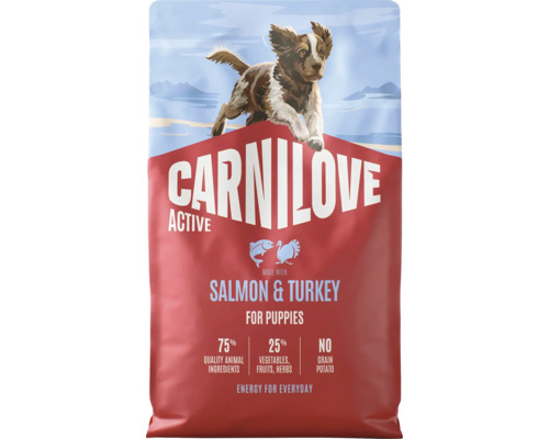 Carnilove Active krmivo pre šteniatka s lososom a morkou, bez obilnín, vysoký obsah mäsa.