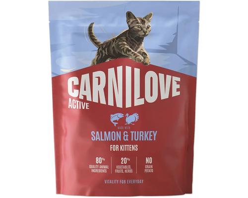 Carnilove krmivo pre mačiatka Active s lososom a morkou, 80 percent živočíšnych zložiek, bez obilnín a zemiakov.