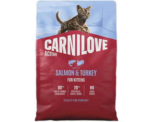Carnilove Active krmivo pre mačiatka s lososom a morkou, 80 percent živočíšnych zložiek, bez obilnín.