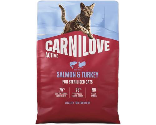Krmivo Carnilove Active s lososom a morkou pre kastrované mačky, 75 percent živočíšnych zložiek, bez obilnín.