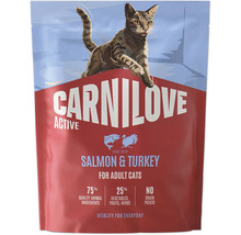 Carnilove Active krmivo pre dospelé mačky s lososom a morkou, 75 percent živočíšnych zložiek, 25 percent zeleniny, bez obilnín.