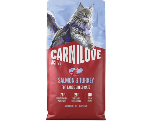 Carnilove Active krmivo pre mačky veľkých plemien s lososom a morkou, bez obilnín a zemiakov.