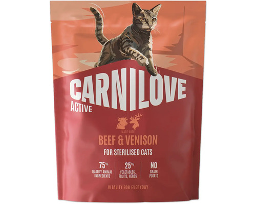 Carnilove Active krmivo pre sterilizované mačky s hovädzím a zverinou, bez obilnín, 75 percent živočíšnych ingrediencií.