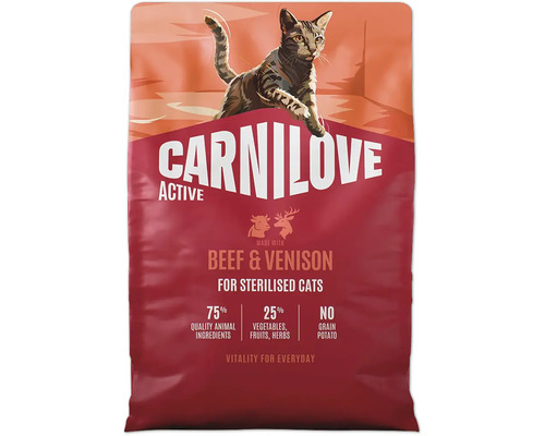Carnilove krmivo pre mačky Beef a Venison pre kastrované mačky, bezobilné granule s hovädzím mäsom a zverinou.