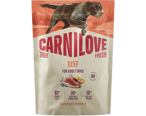 Carnilove True Fresh Beef krmivo pre dospelé psy, bez obilnín a zemiakov, so šesťdesiatimi percentami čerstvého hovädzieho mäsa.