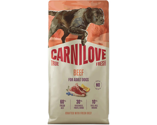 Carnilove True Fresh hovädzie granuly pre dospelé psy, bez obilnín, s obsahom 60 percent čerstvého hovädzieho mäsa.