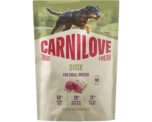 Granuly Carnilove True Fresh Duck pre psy malých plemien so 60 percentami čerstvého kačacieho mäsa, bez obilnín a zemiakov.