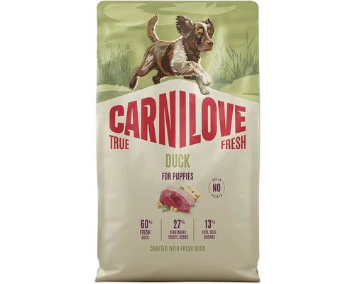 Krmivo pre šteniatka Carnilove True Fresh Duck, bez obilnín a zemiakov, so 60 percentami čerstvej kačice a 27 percentami zeleniny.