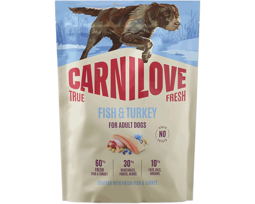 Krmivo pre psov Carnilove True Fresh Fish & Turkey pre dospelé psy, bez obilnín a zemiakov, 60 percent čerstvých rýb a moriaka.