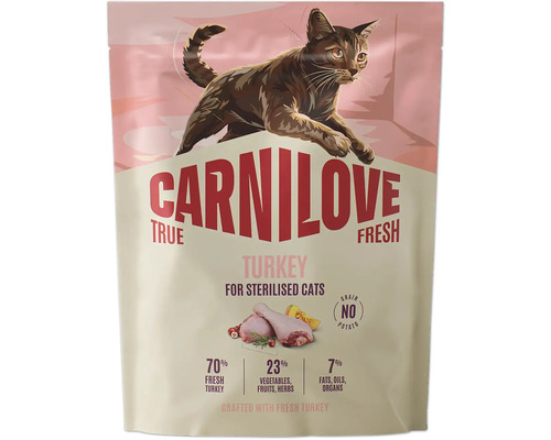 Krmivo pre mačky Carnilove True Fresh Turkey pre kastrované mačky, bez obilnín, 70 percent čerstvého morčacieho mäsa.
