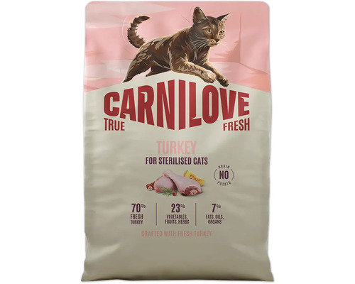 Carnilove krmivo pre mačky True Fresh morka pre kastrované mačky, 70 percent čerstvého morčacieho mäsa, bez obilnín a zemiakov.