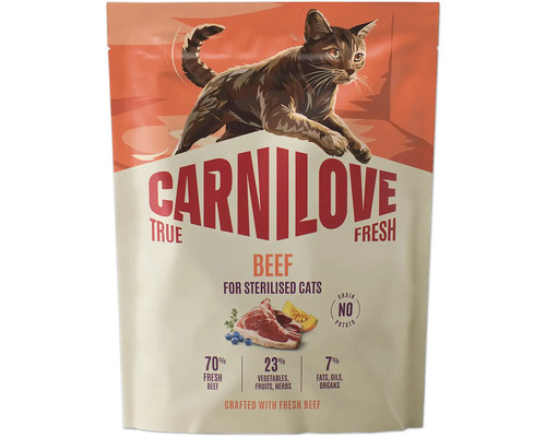 Carnilove True Fresh krmivo pre mačky hovädzie pre kastrované mačky, bez obilnín, bez zemiakov, 70 percent čerstvého hovädzieho mäsa.