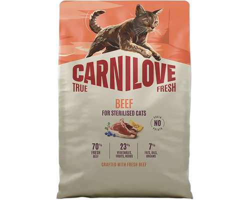 Carnilove True Fresh krmivo pre sterilizované mačky s hovädzím mäsom, bez obilnín a zemiakov, 70 percent čerstvého hovädzieho.