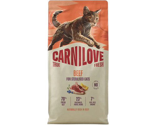Krmivo pre mačky Carnilove True Fresh s hovädzím mäsom pre kastrované mačky, 70 percent čerstvého hovädzieho mäsa, bez obilnín a zemiakov.