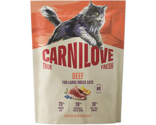 Krmivo pre mačky Carnilove True Fresh hovädzie pre veľké plemená, bez obilnín, bez zemiakov, 70 percent čerstvého hovädzieho mäsa.