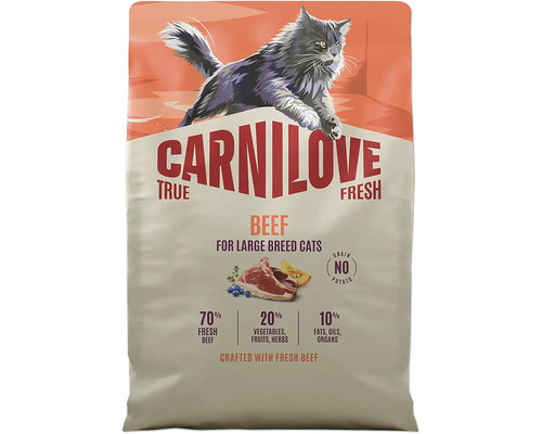 Carnilove True Fresh Beef pre veľké mačky so 70 percentami hovädzieho mäsa, bez obilnín a zemiakov.