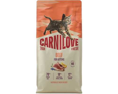 Carnilove True Fresh krmivo pre mačiatka s hovädzím mäsom, bez obilnín, so 70 percentami čerstvého hovädzieho mäsa.