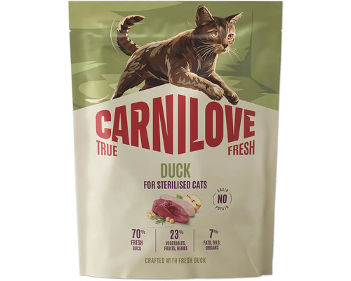 Carnilove True Fresh Duck krmivo pre sterilizované mačky, bez obilnín, so 70 percentami čerstvého kačacieho mäsa.