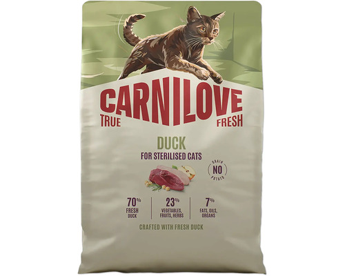 Carnilove True Fresh granule pre sterilizované mačky s kačicou, bez obilnín a zemiakov, 70 percent čerstvého kačacieho mäsa.